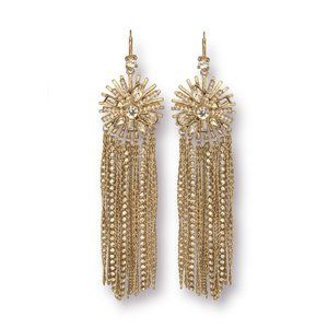 New Badgley Mischka Gold Chain Fringe Crystal Starburst Long Chandelier Earrings